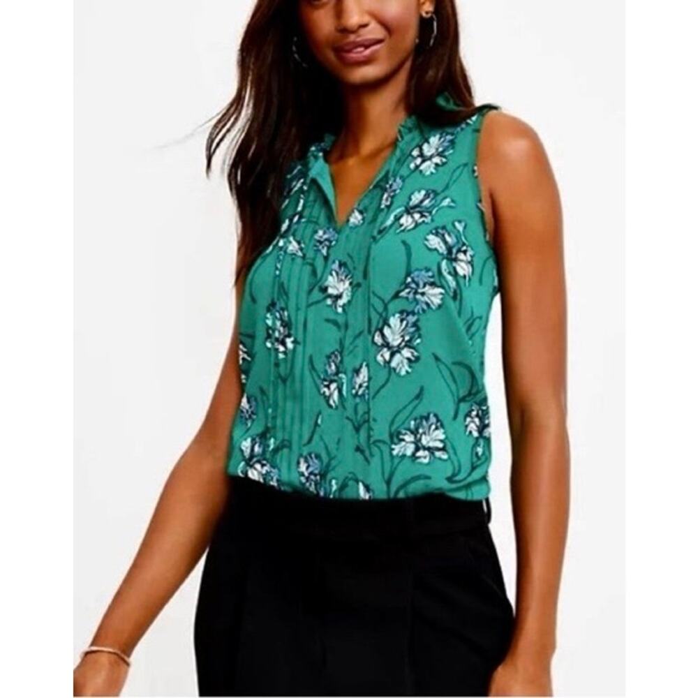 Ann Taylor LOFT Chiffon Ruffle Tie BlouseSleeveless Pintucked Floral Top